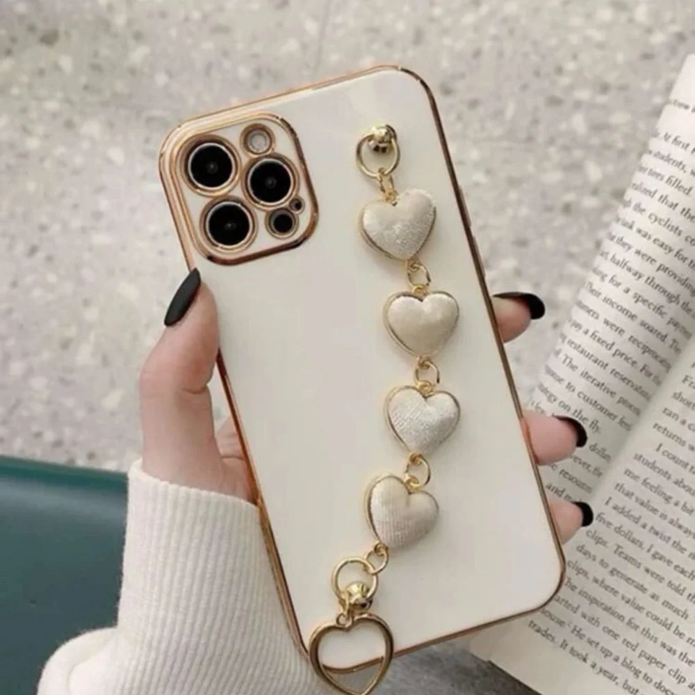White Heart Charm Phone Case Strap with Gold Accents - Women Accessories